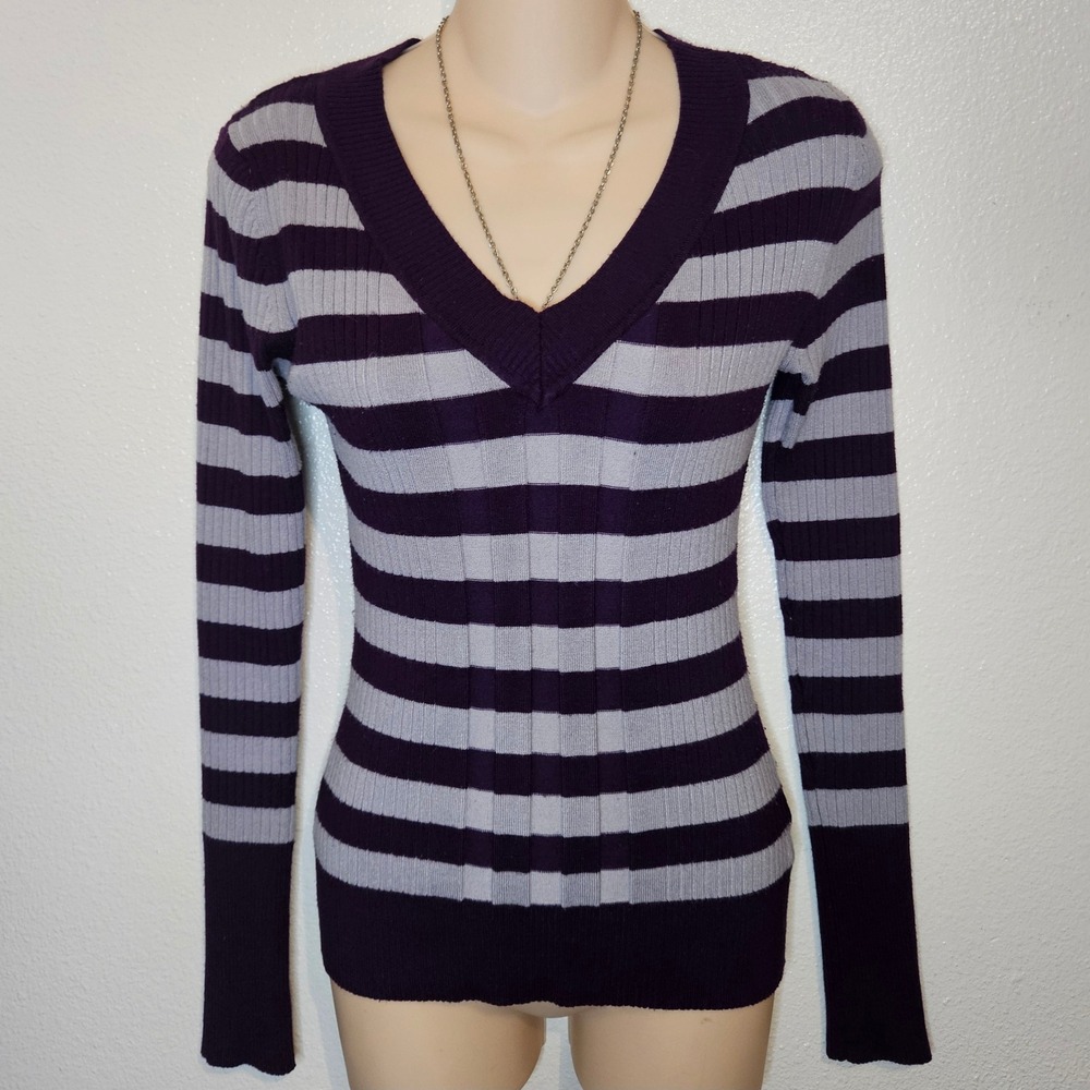 Derek Heart Purple Grey Stripe Ribbed V Neck Long Sleeve Sweater Top